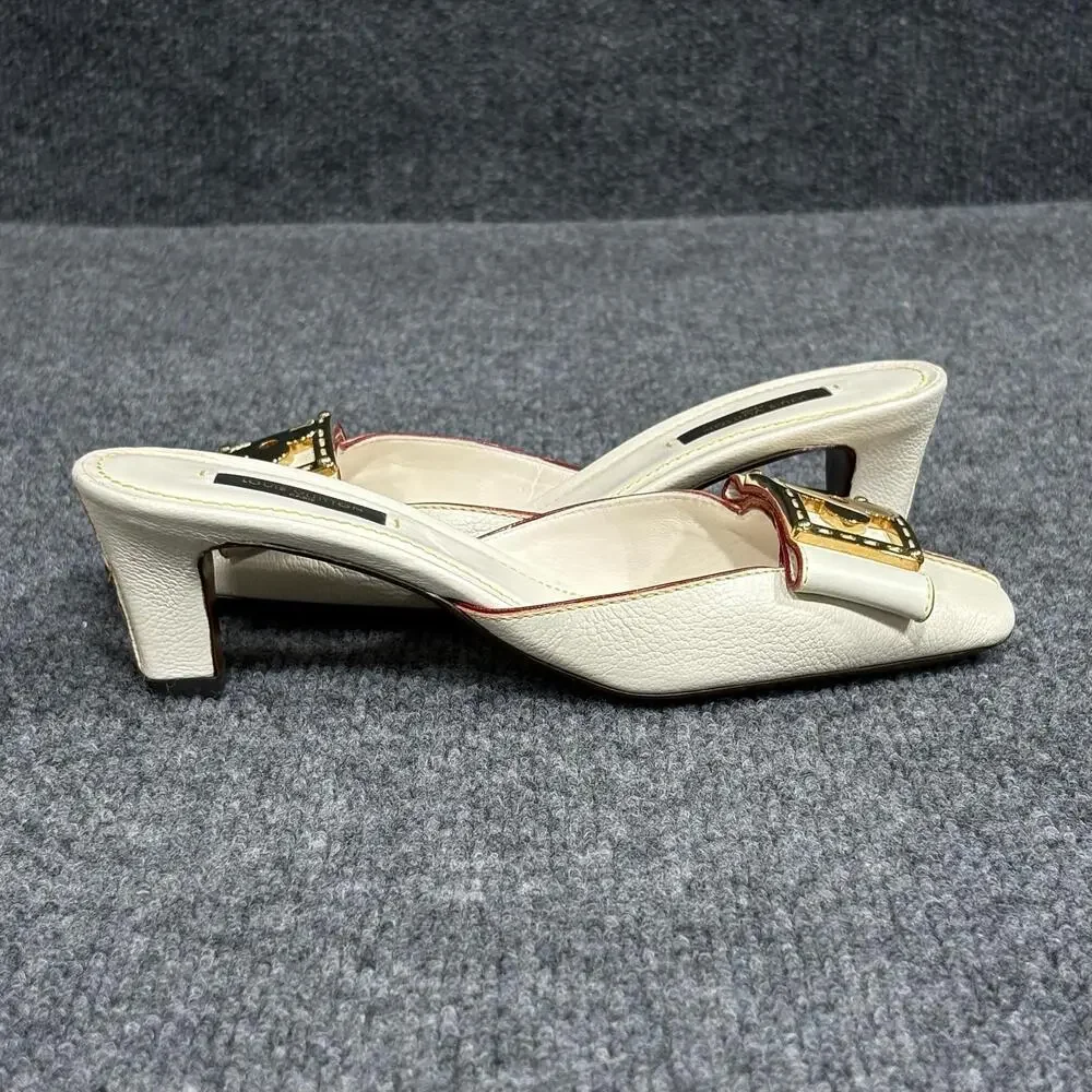 Louis Vuitton Shoes Womens 6 White Suhali Leather Flower Buckle Mule Kitten Heel